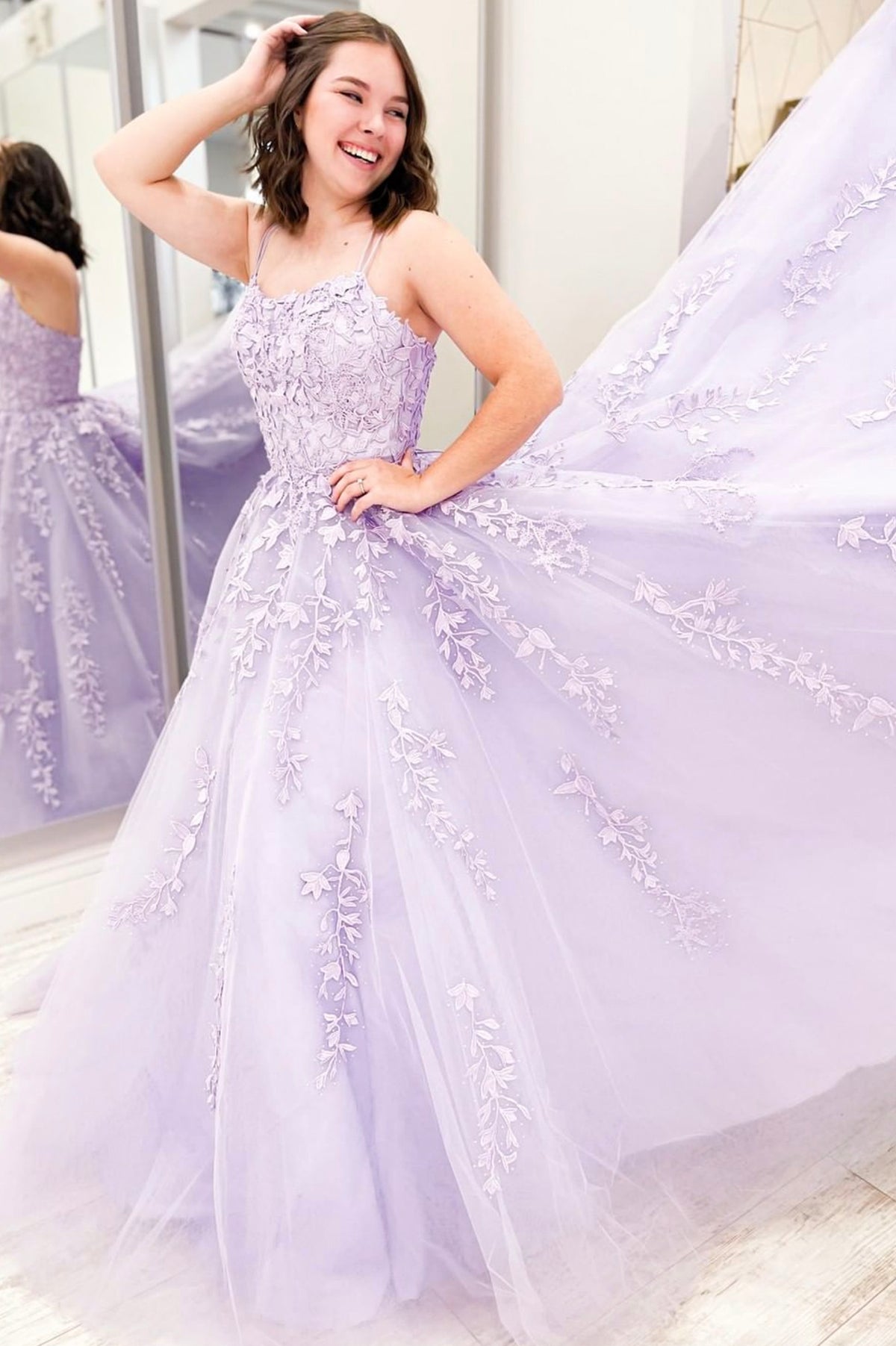 Lavender Chiffon Lace Long Prom Dress with Corset, Beautiful Evening P