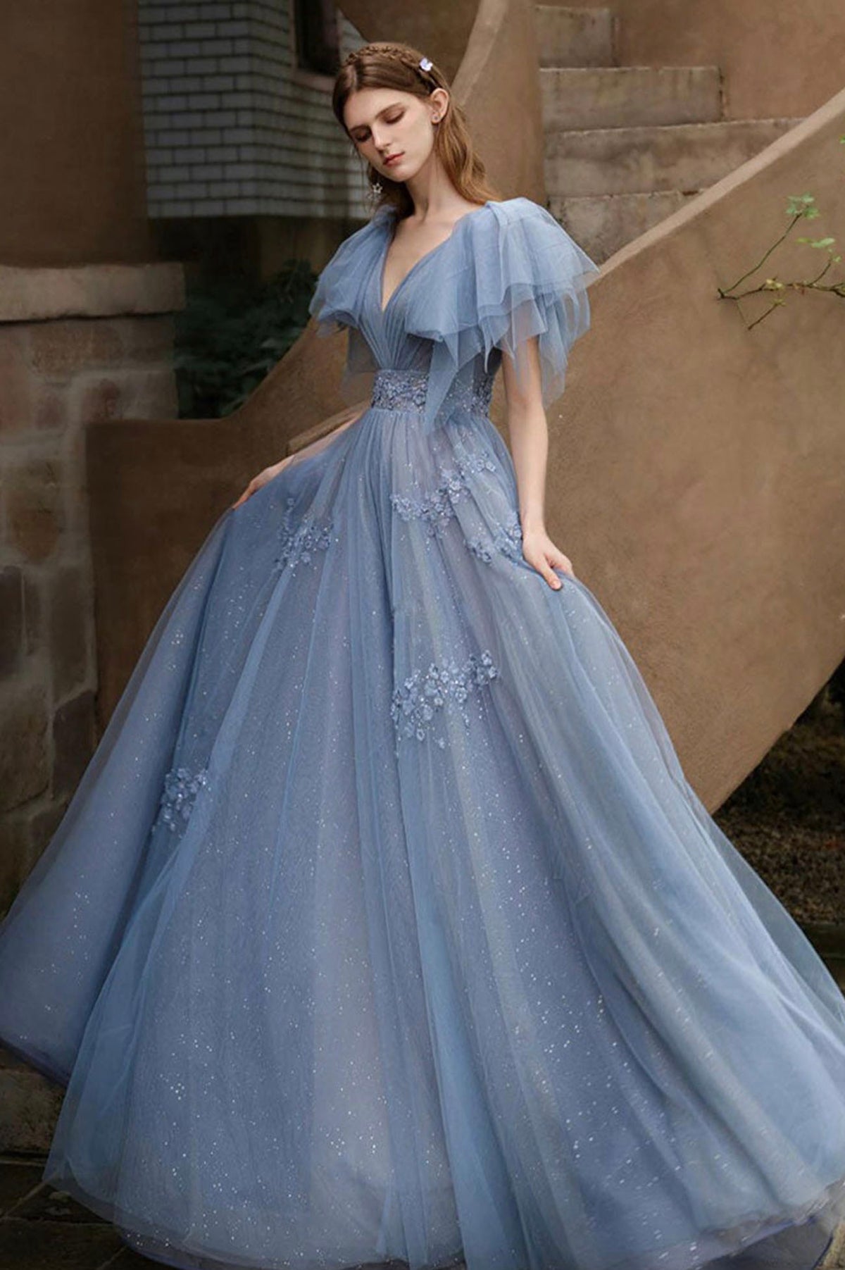 Blue tulle long A line prom dress blue evening dress s51 – Simplepromdress