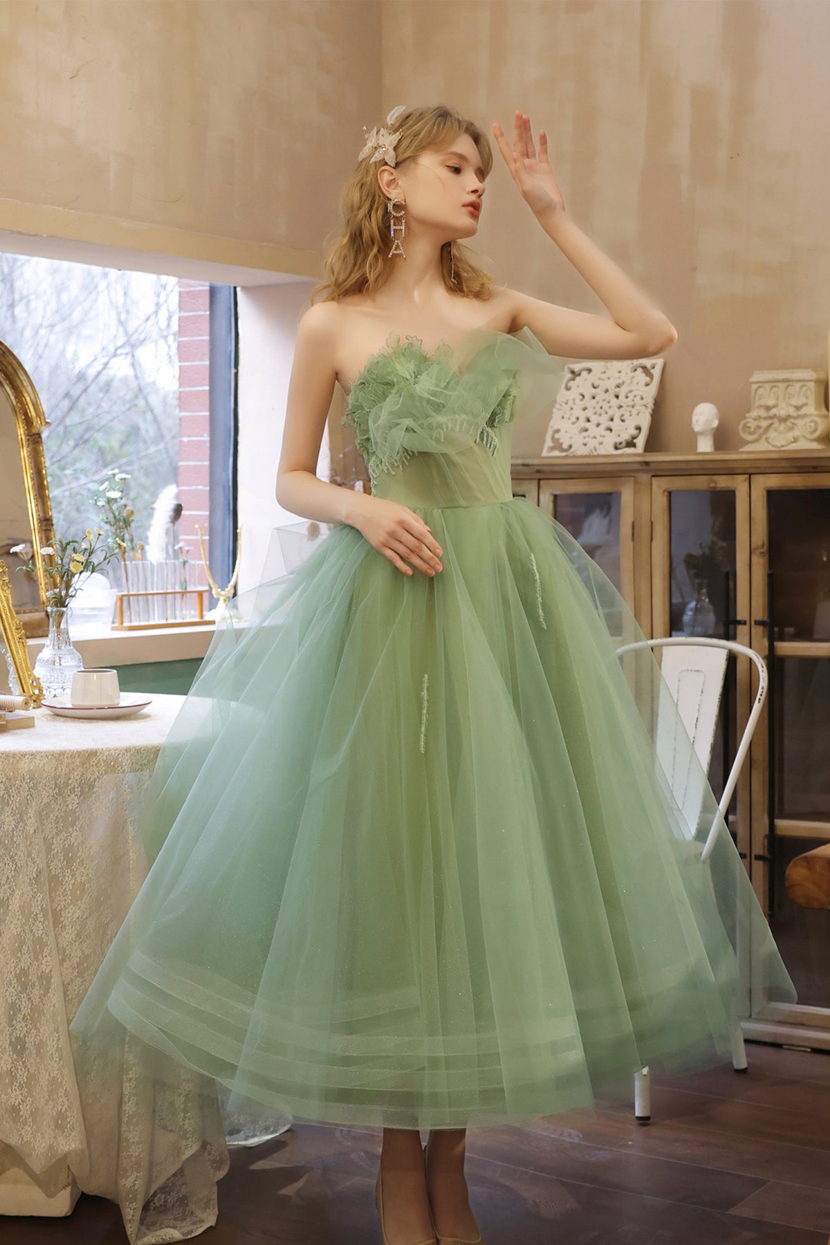 Viniodress Light Green Tulle Homecoming Dresses Spaghetti Strap Short Prom Dress FD3182 Custom Colors / US22W