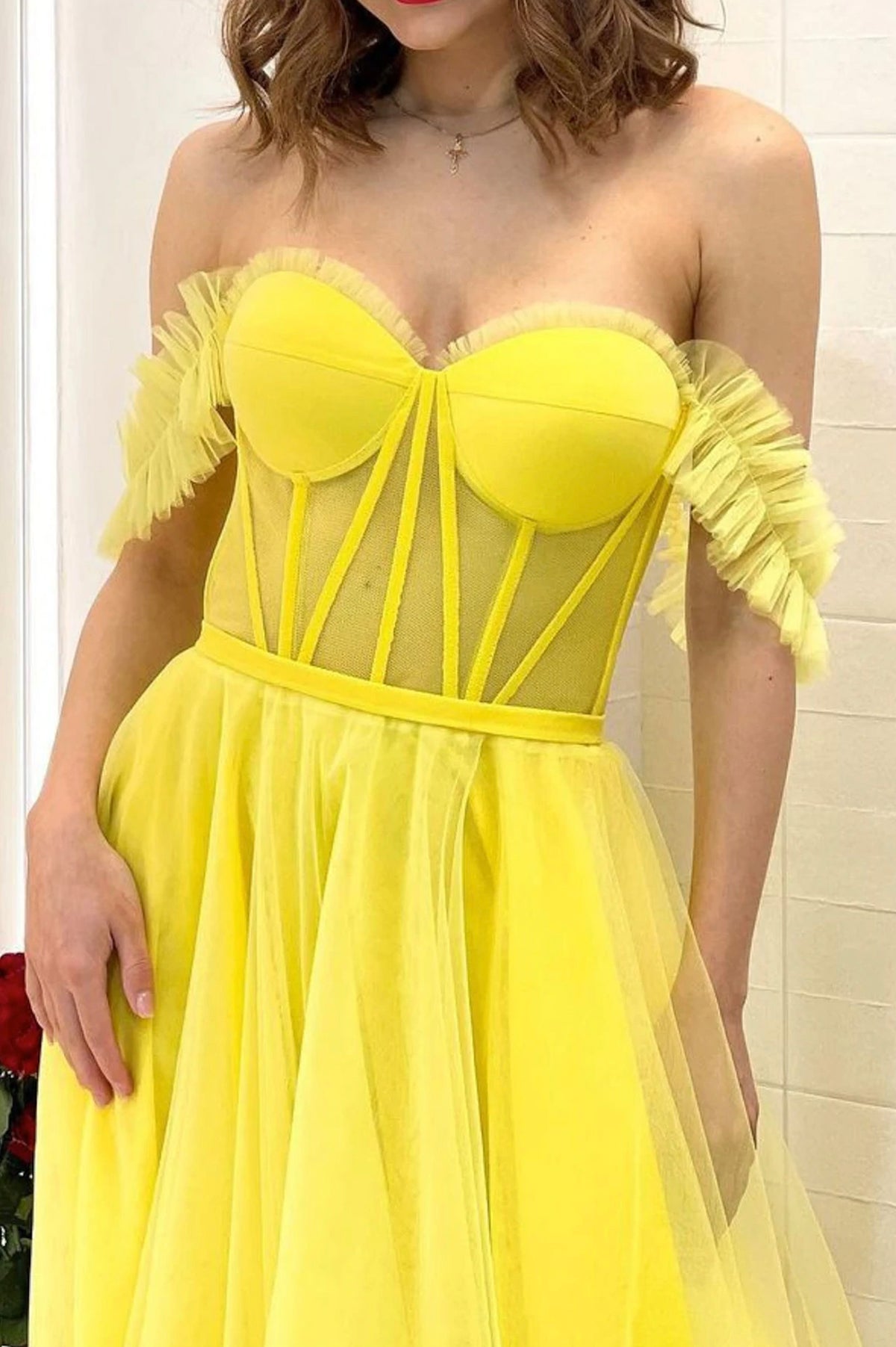 A-Line Yellow Sweetheart Corset Ruffle Prom Dress, Beautiful Tulle For