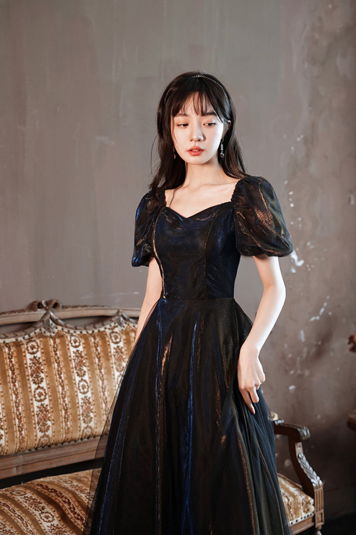 Black Tulle Layers Long A-Line Prom Dress, Black Strapless Evening Dre