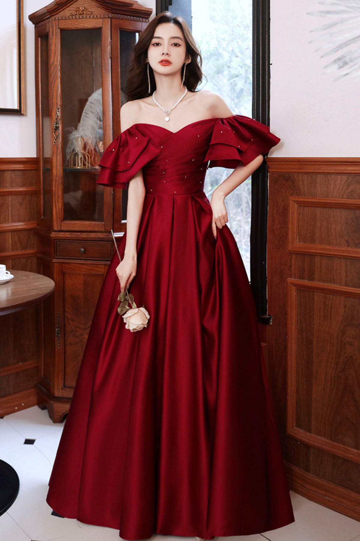 Off Shoulder Long Sleeve A-Line Silk Elastic Satin Burgundy Prom Dresses,  FC2180