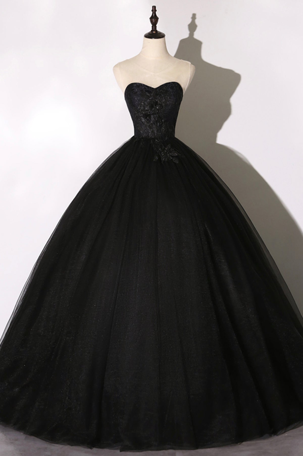 Black Tulle Layers Long A-Line Prom Dress, Black Strapless Evening Dre