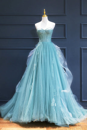 Green Lace Tulle A-Line Long Formal Dress, Green Strapless Evening Dre