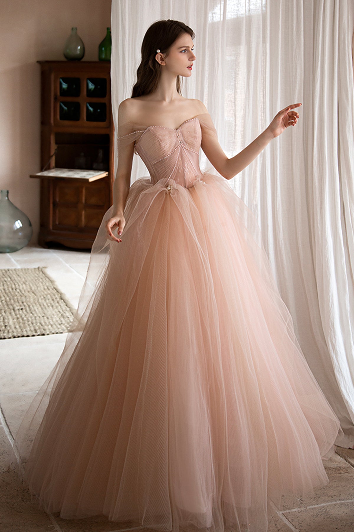 Beautiful Shiny Tulle Long A-Line Pink Corset Prom Dress, Off the Shou