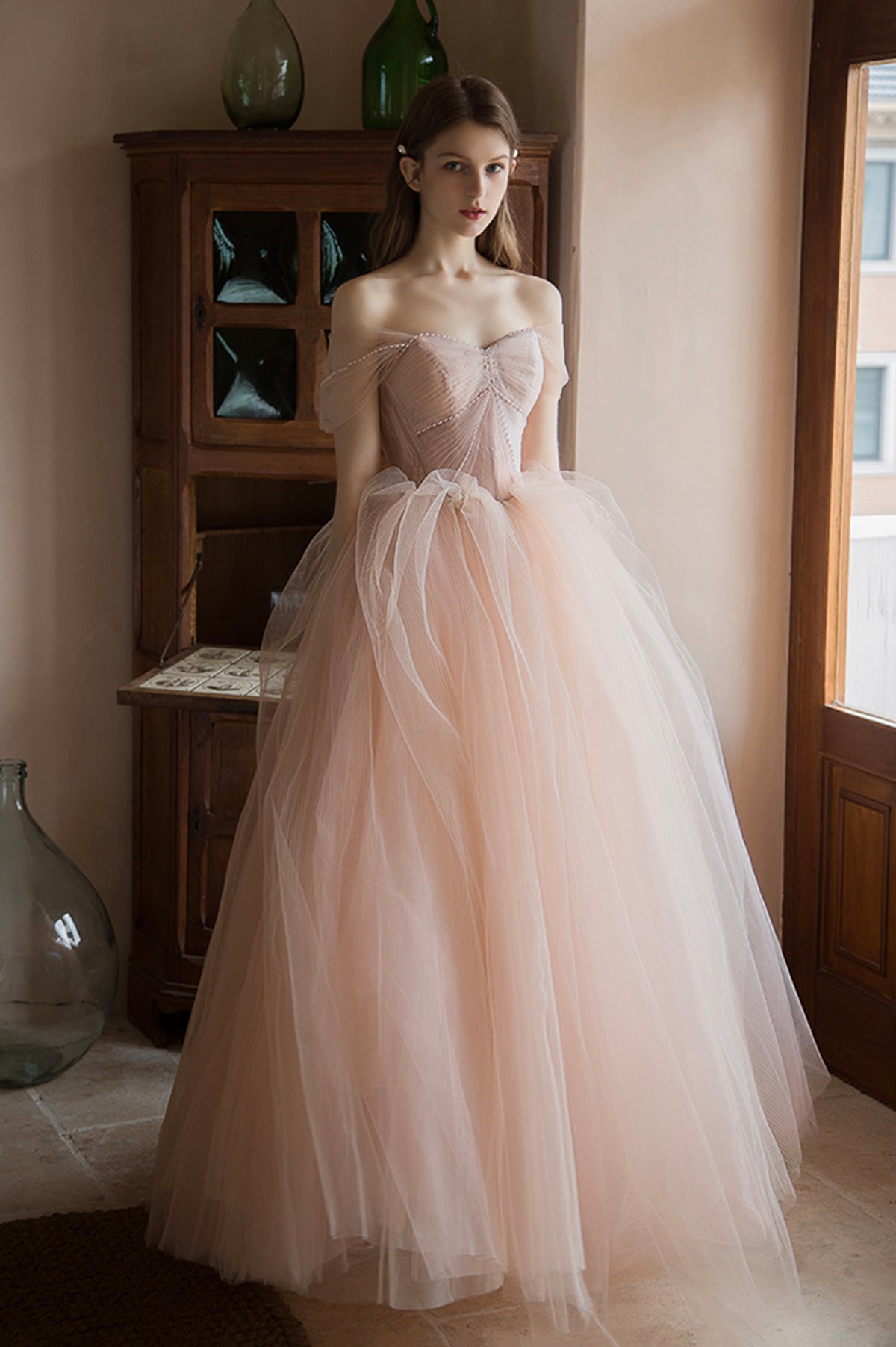Beautiful Shiny Tulle Long A-Line Pink Corset Prom Dress, Off the Shou