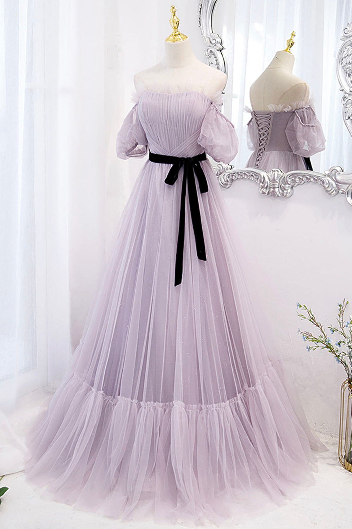 Tulle Dress for Women Formal Wedding Purple Sparkly Graduation Strapless  Tube Long Gown Evening Party Mesh Dress (Medium, Purple) 