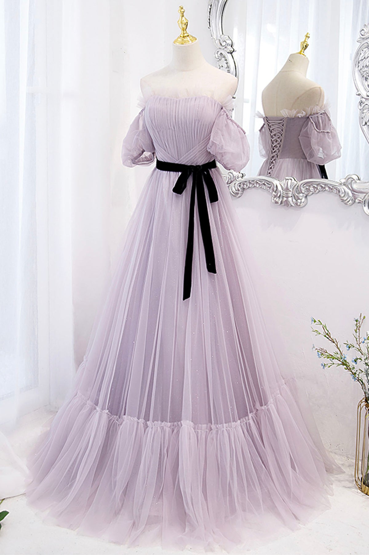 Purple Tulle Long A-Line Prom Dress, Purple Strapless Evening Party Dr