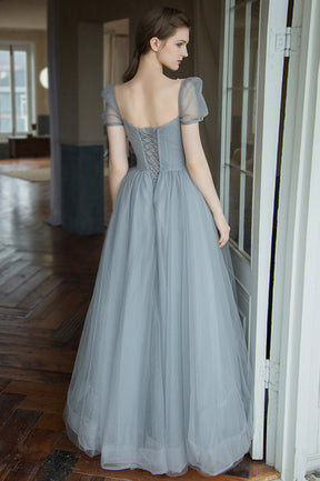 Gray A-Line Tulle Long Prom Dress with Beaded, Gray Evening Party Dress
