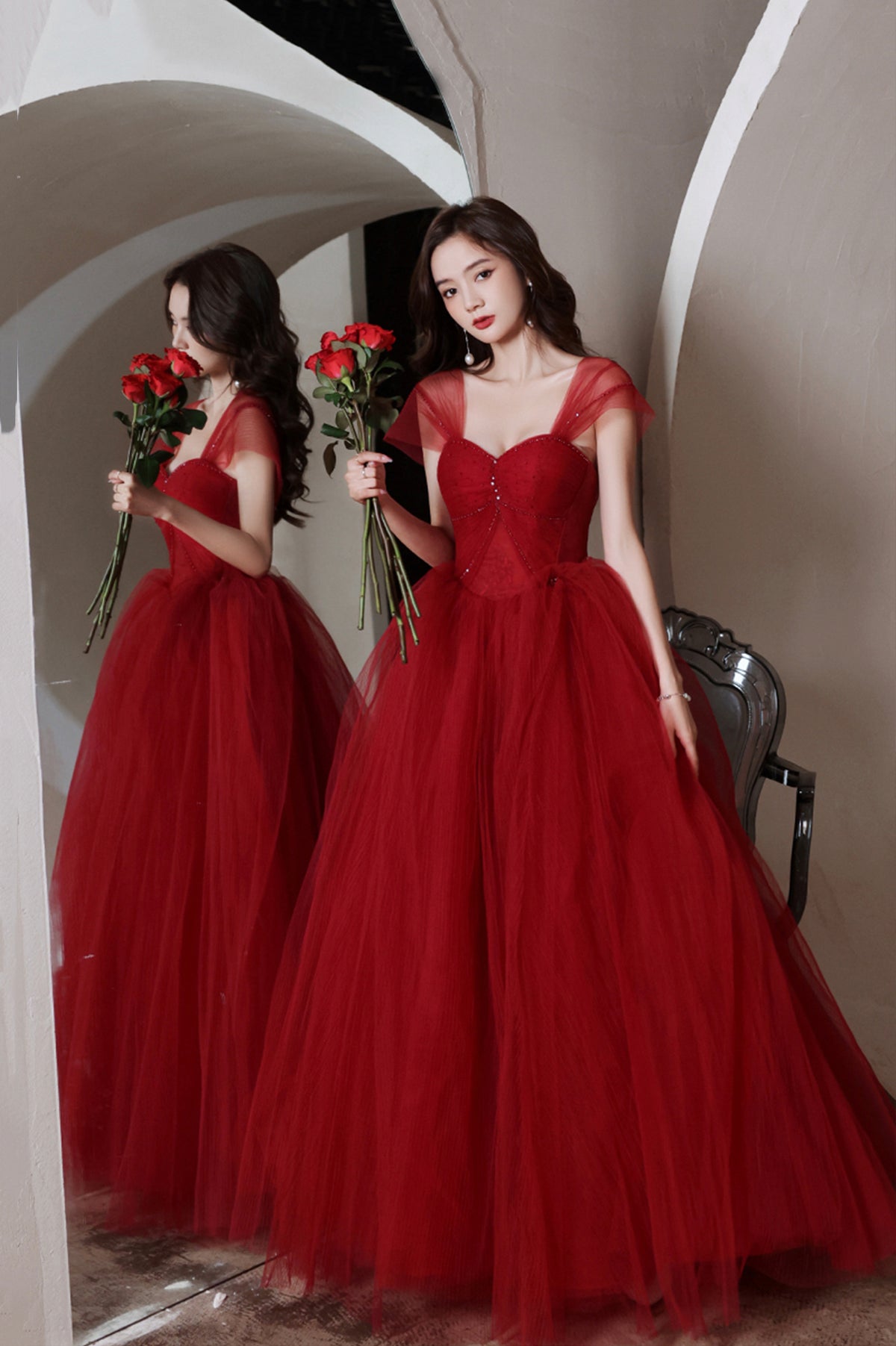 Red Tulle A Line Off-the-Shoulder Simple Prom Dresses PL559