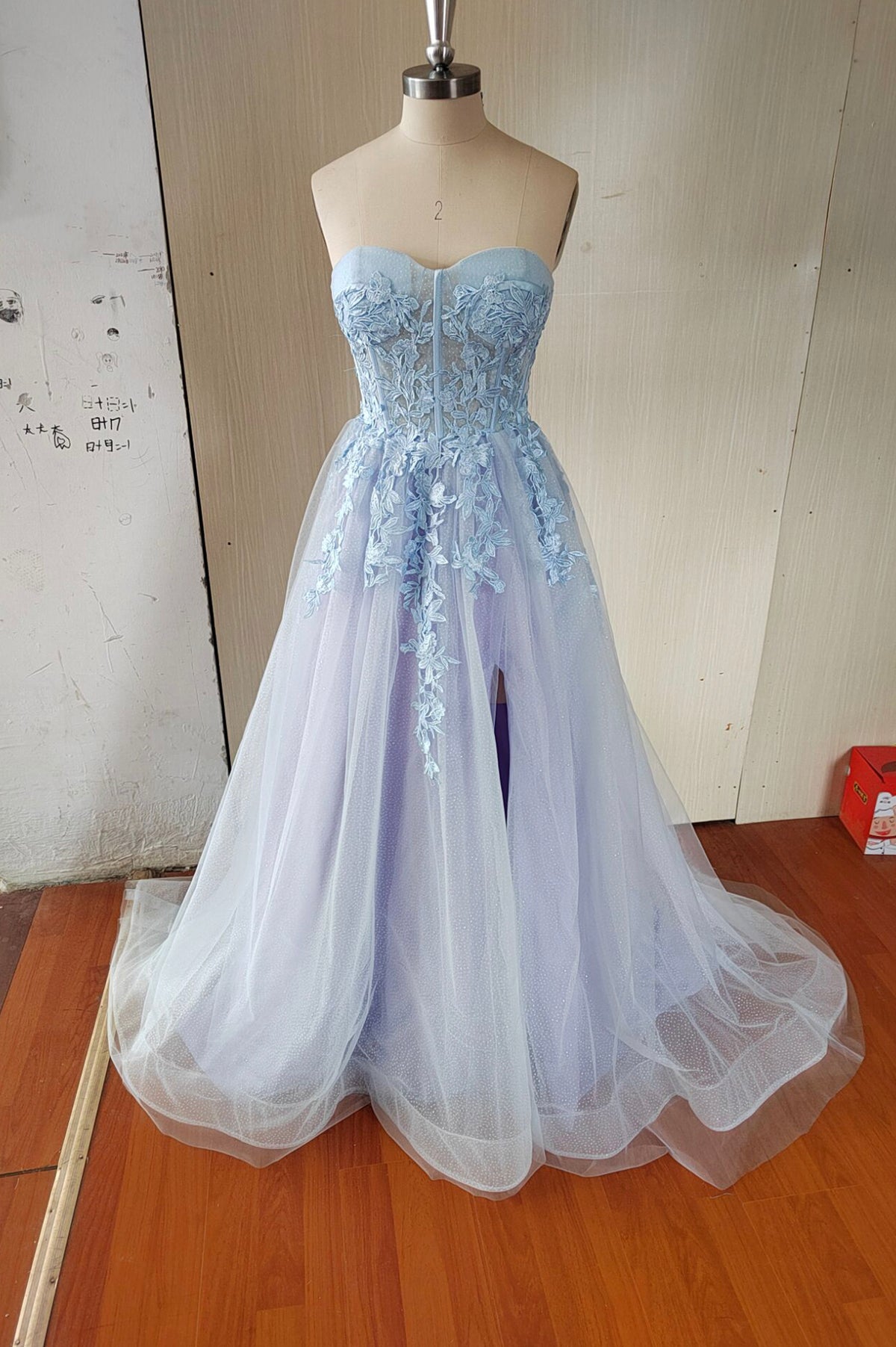 Blue Strapless Lace Long Prom Dress, Mermaid Evening Dress Party Dress