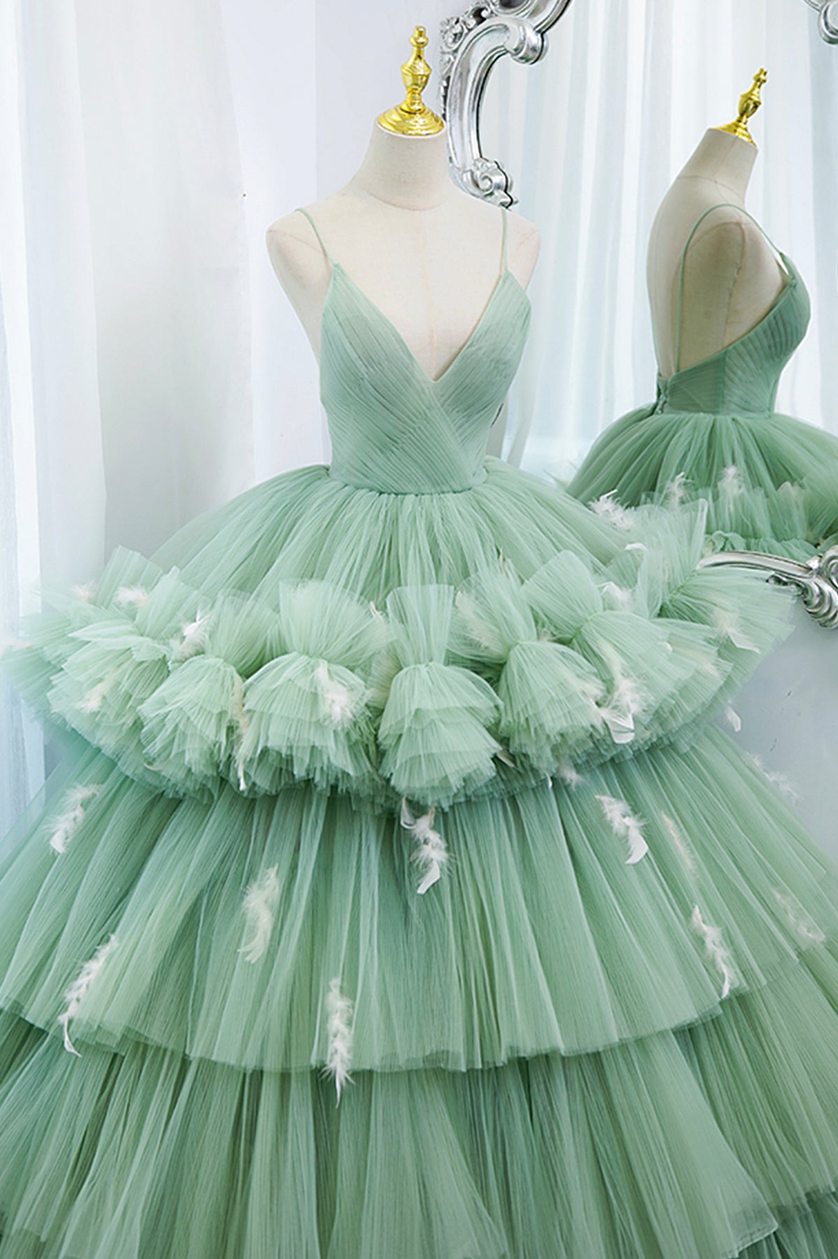 Green V-Neck Tulle Long A-Line Prom Dress, Lace Evening Party Dress