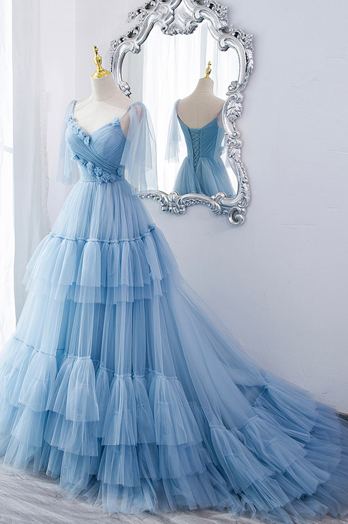 pgmdress Elegant Blue Tulle A Line V Neck Lace Long Prom Dresses Formal Dresses US0 / Custom Color