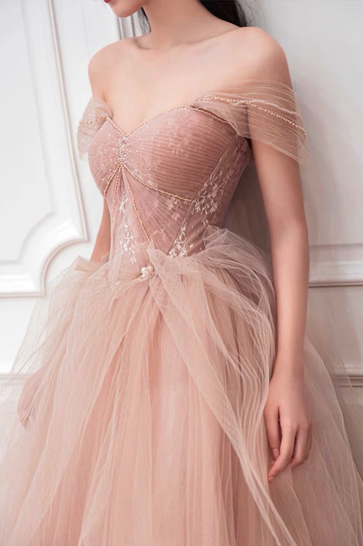 Pink Tulle A-line Off Shoulder Long Prom Dresses, Evening Gown With Train,  MP646