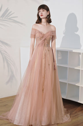 Pink Off the Shoulder Tulle Long Prom Dress, Cute A-Line Evening Dress