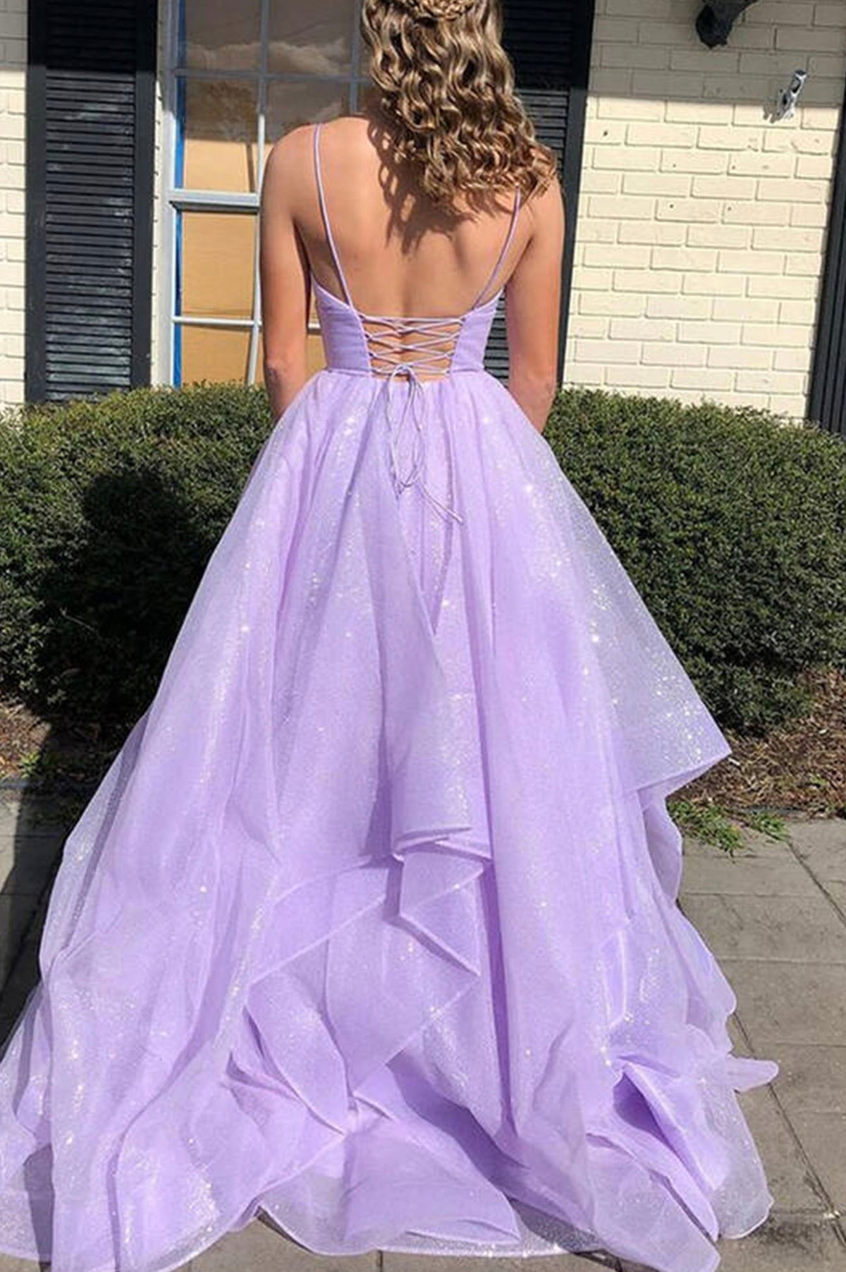 Lilac Satin A-Line V-neck Spaghetti Straps Long Prom Dress with