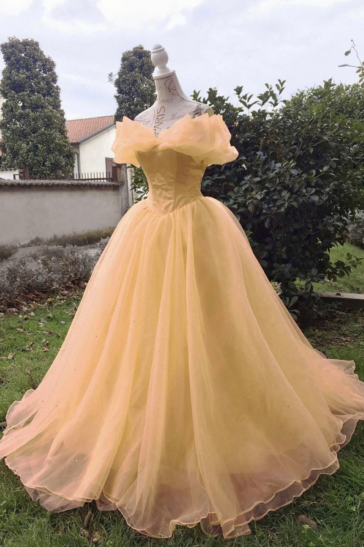 A-Line Yellow Sweetheart Corset Ruffle Prom Dress, Beautiful Tulle For