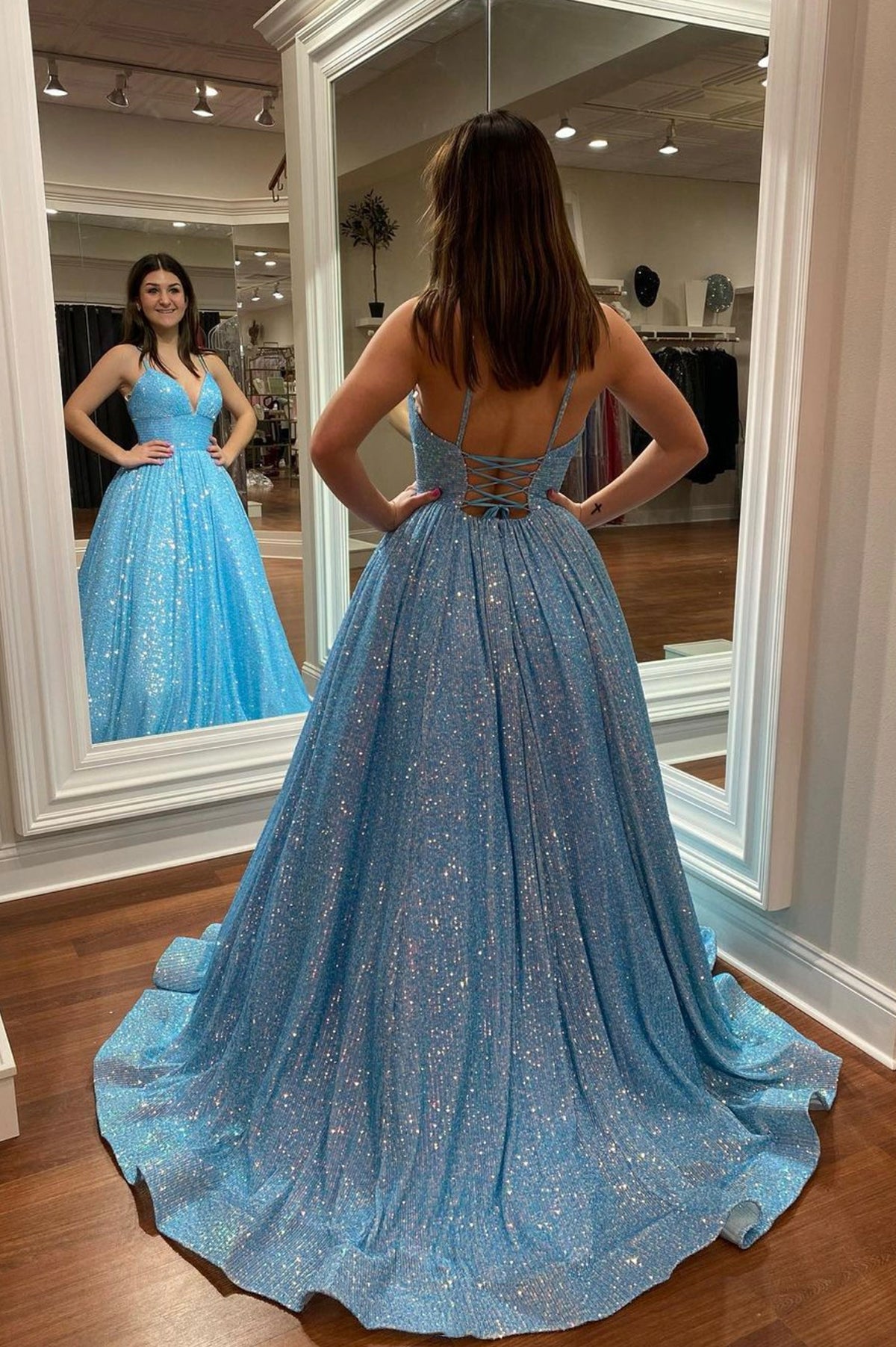 Blue V-Neck Sequins Long Prom Dress, A-Line Backless Evening Dress