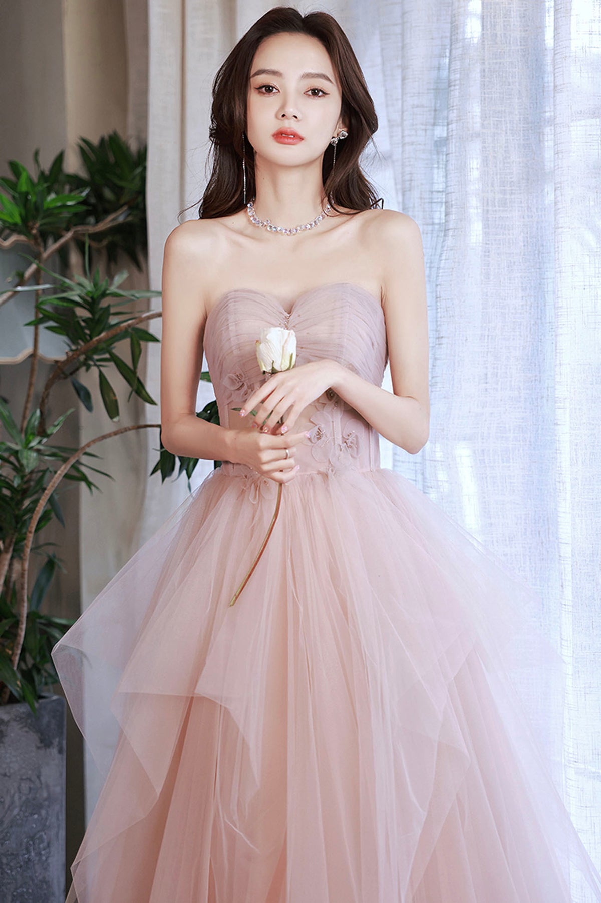 Pink Strapless Princess Tulle Layers Ruffles Long Prom Dress, Pink For