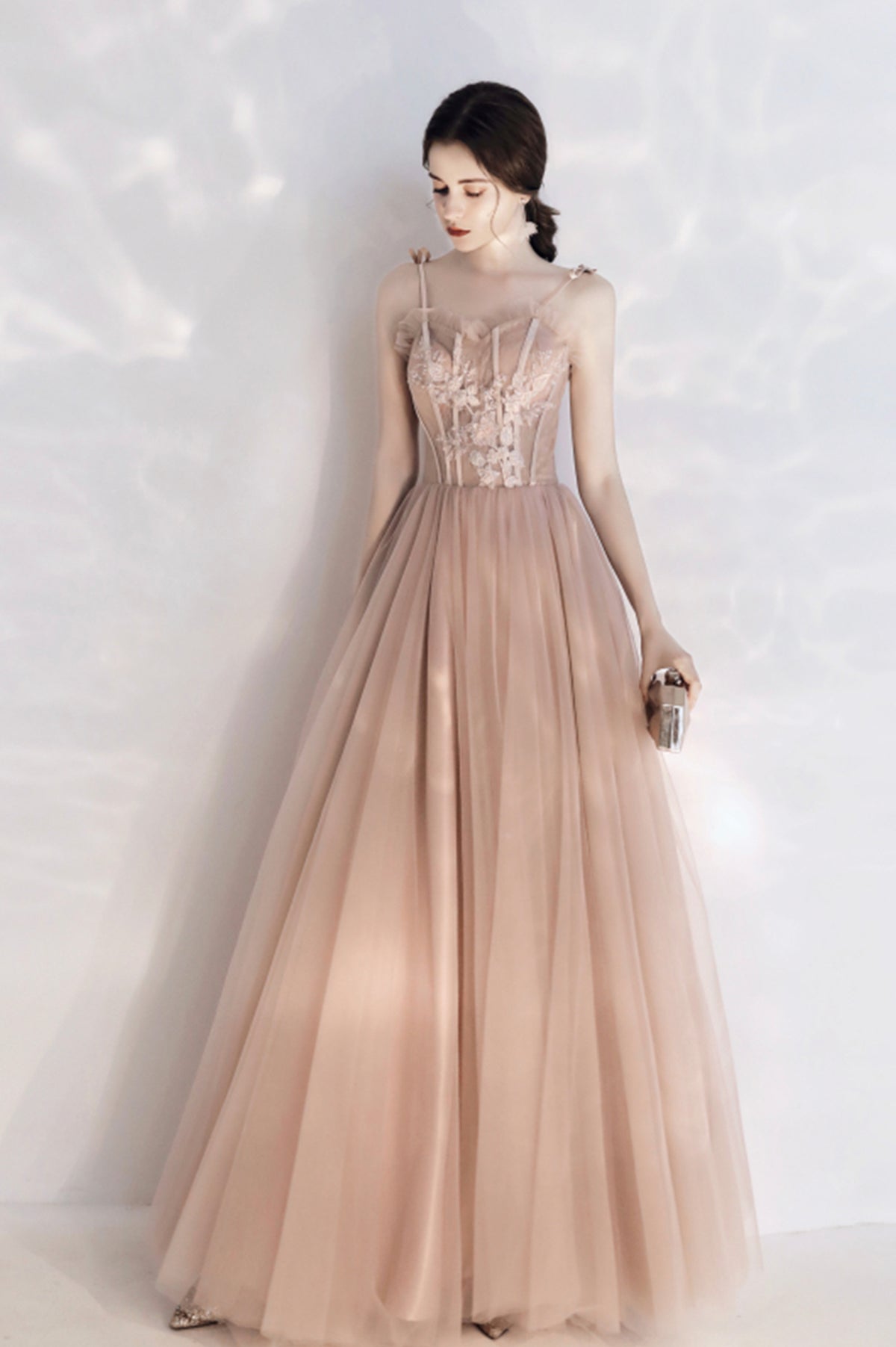 Pink Tulle Long A-Line Prom Dress with Butterfly Lace