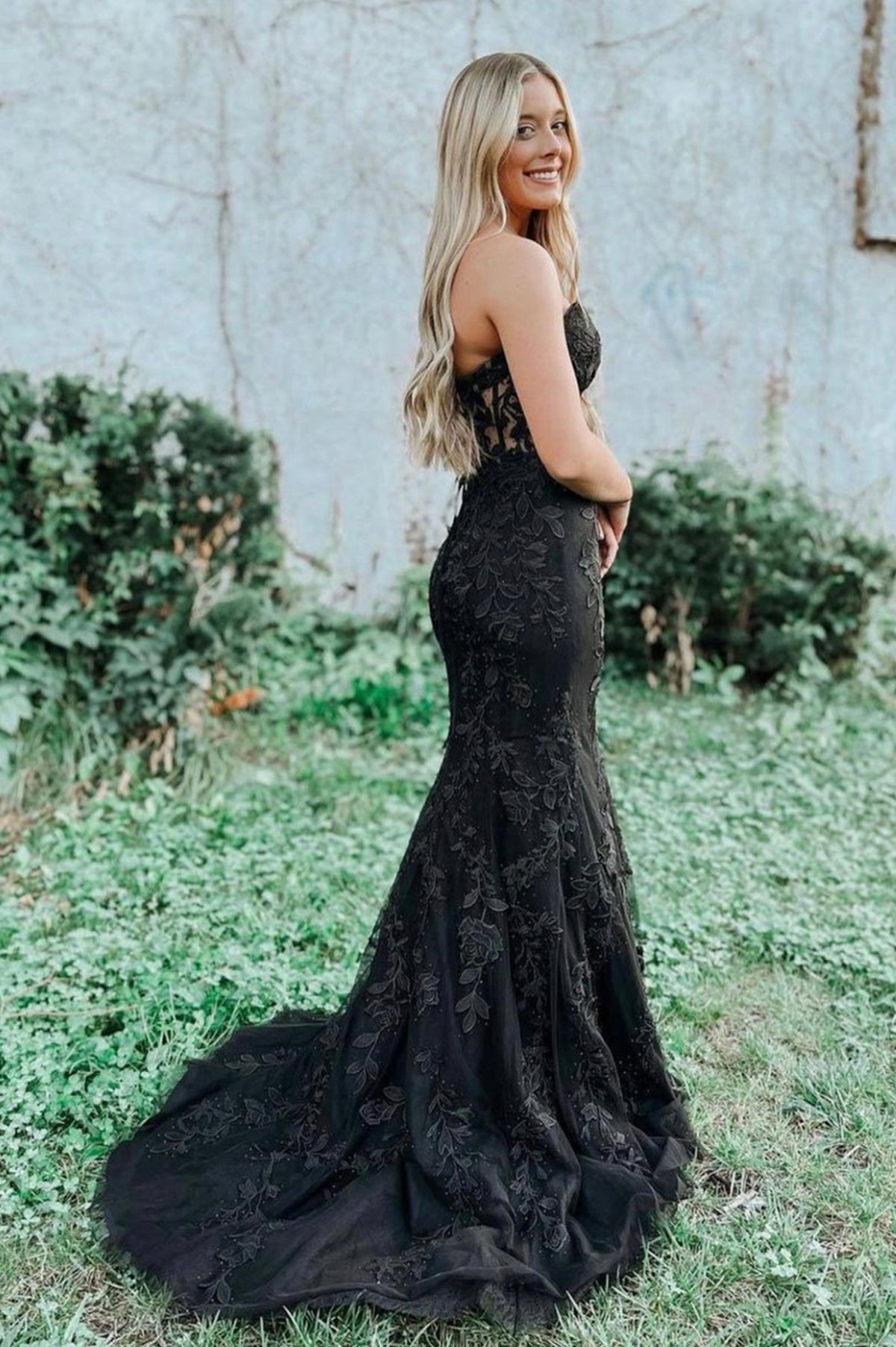 Strapless Mermaid Beaded Black Lace Long Prom Dresses, Mermaid Black F –  Shiny Party