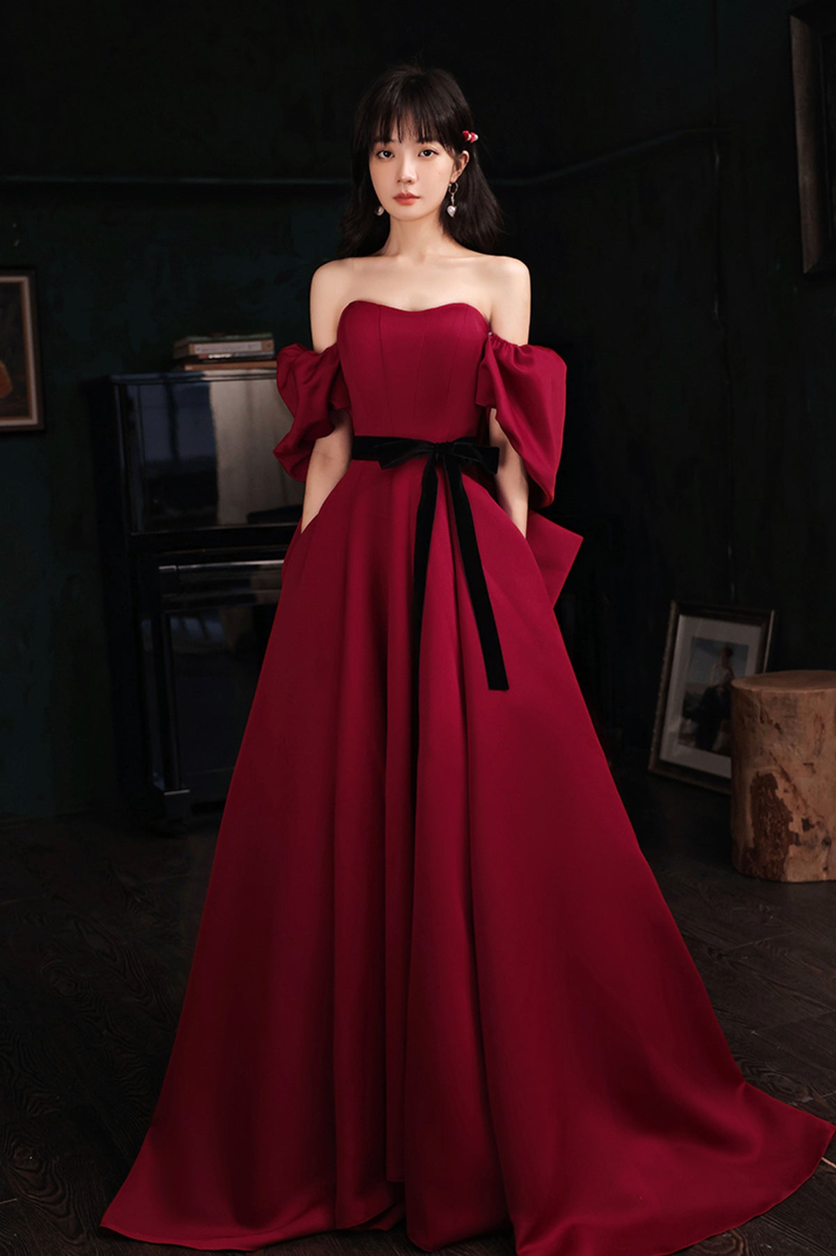 Off Shoulder Long Sleeve A-Line Silk Elastic Satin Burgundy Prom Dresses,  FC2180