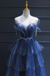 Blue Tulle Beaded Long Senior Prom Dress, A-Line Strapless Evening Par