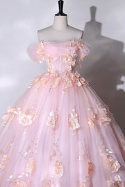 Pink Flowers Sweetheart Ball Gown Formal Dresses, Pink Long Sweet 16 D