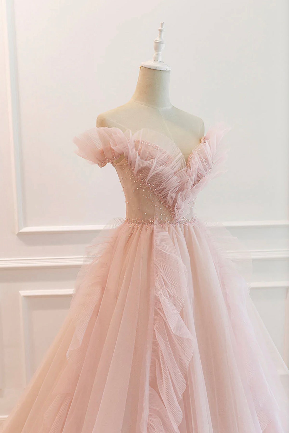 Beautiful Shiny Tulle Long A-Line Pink Corset Prom Dress, Off the Shou