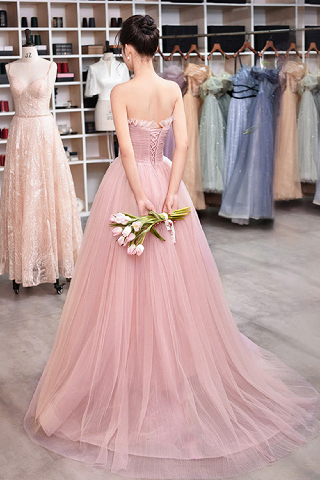 Pink Strapless Princess Tulle Layers Ruffles Long Prom Dress, Pink Formal Evening Dress US 14 / Custom Color