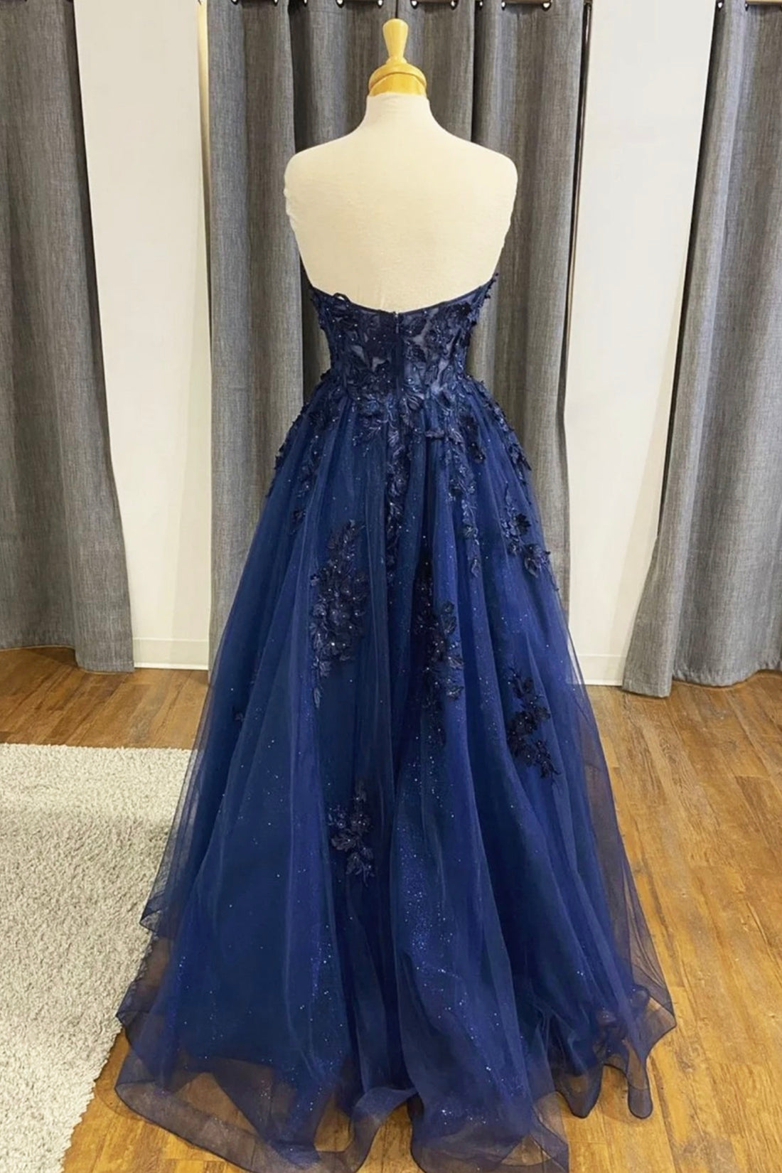 Blue Strapless Lace Long Prom Dress, Mermaid Evening Dress Party Dress