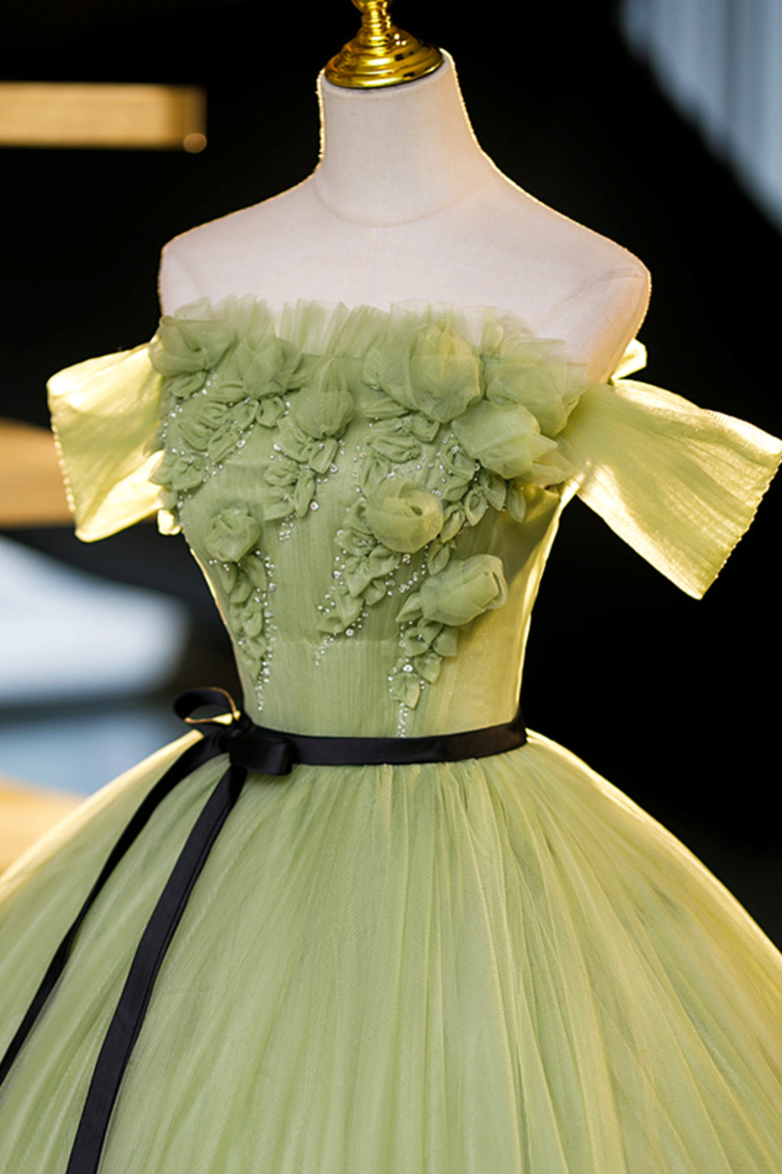 Green Off-Shoulder Tulle Long Formal Dress, Beautiful A-Line Evening D