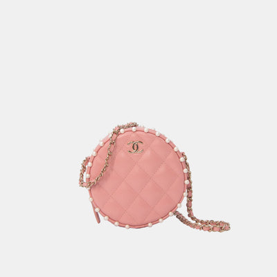 CHANEL Velvet Round Quilted Pearl Crush Clutch With Chain Pink 708098