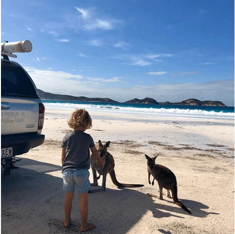 child next to a kangaroo while they travel around Australia as a family with chief boo, owner of bobo&boo bamboo dinnerware 