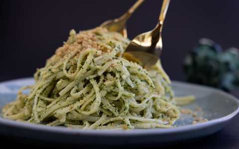 Plate full of pesto pasta