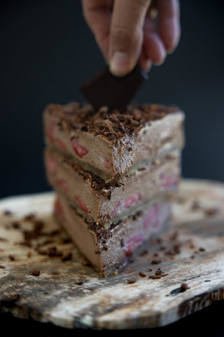 Chocolate strawberry cheese cake, stacked servings
