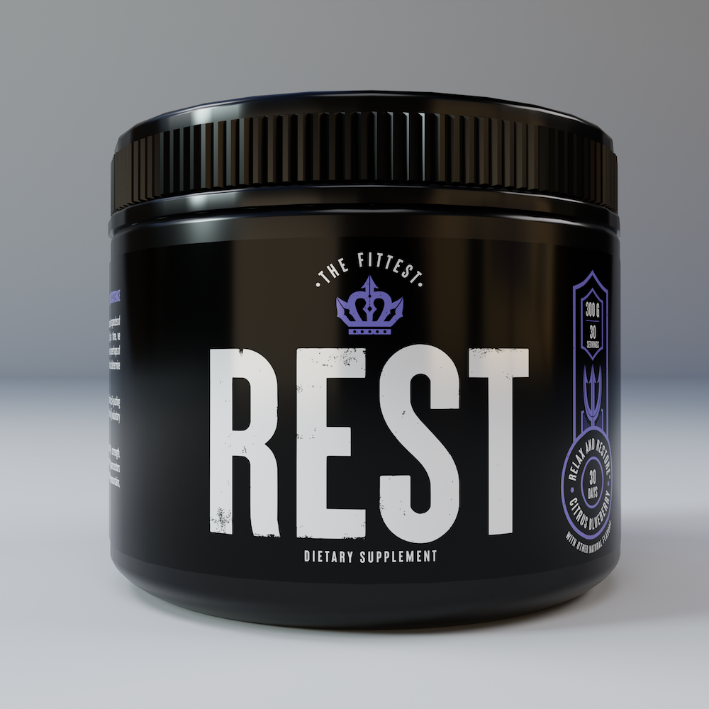 A dietary supplement container labeled 'REST' with the catchphrase 'The Fittest'.