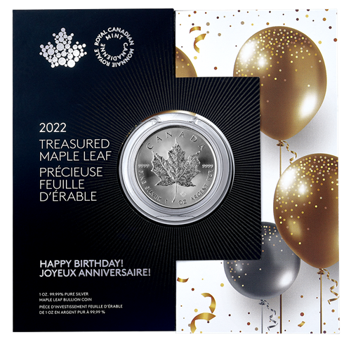 2022 Royal Canadian Mint $5 Pure Silver Coin 1 oz. 99.99% - TREASURED SILVER MAPLE LEAF COIN: Happy Birthday! Joyeux Anniversaire!
