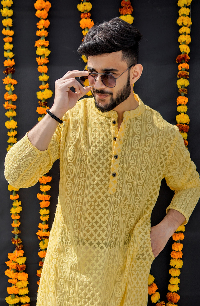 SUMMER YELLOW GEORGETTE PAISLEY DESIGN CHIKANKARI REGULAR FIT KURTA ...