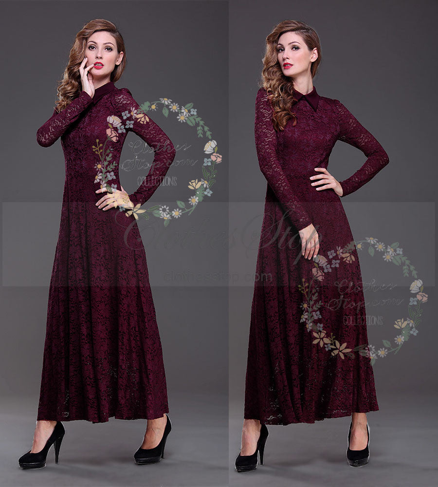 wine colored lace maxi dress