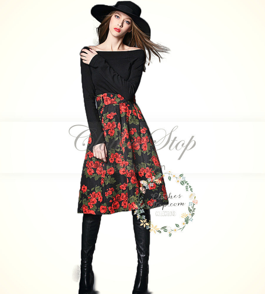 floral skirt with black top