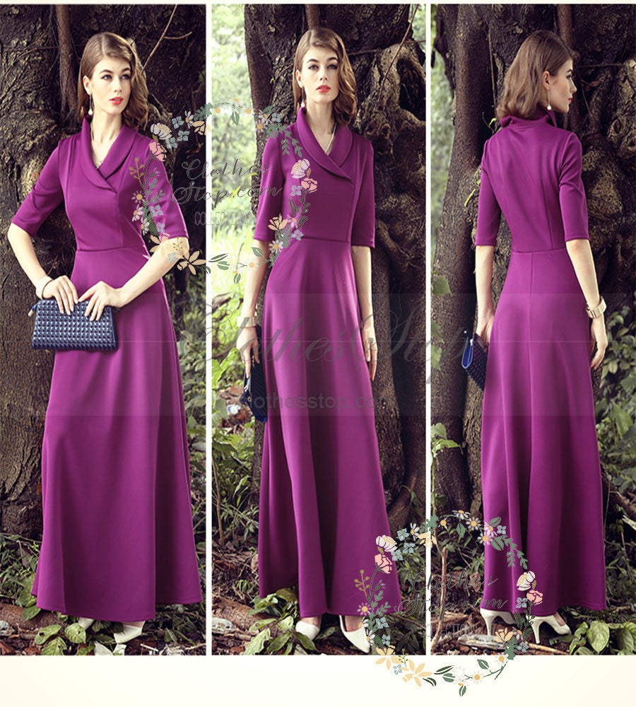 Vintage Style Purple Maxi Dress with Short Sleeves - Clothesstop.com