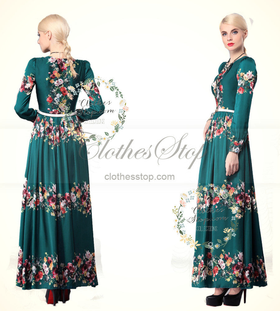 Green Floral Maxi Dress with Long Sleeves in Vintage Style ...