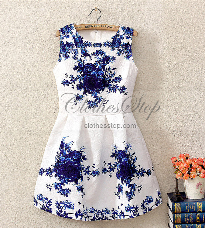 white dress with blue floral print