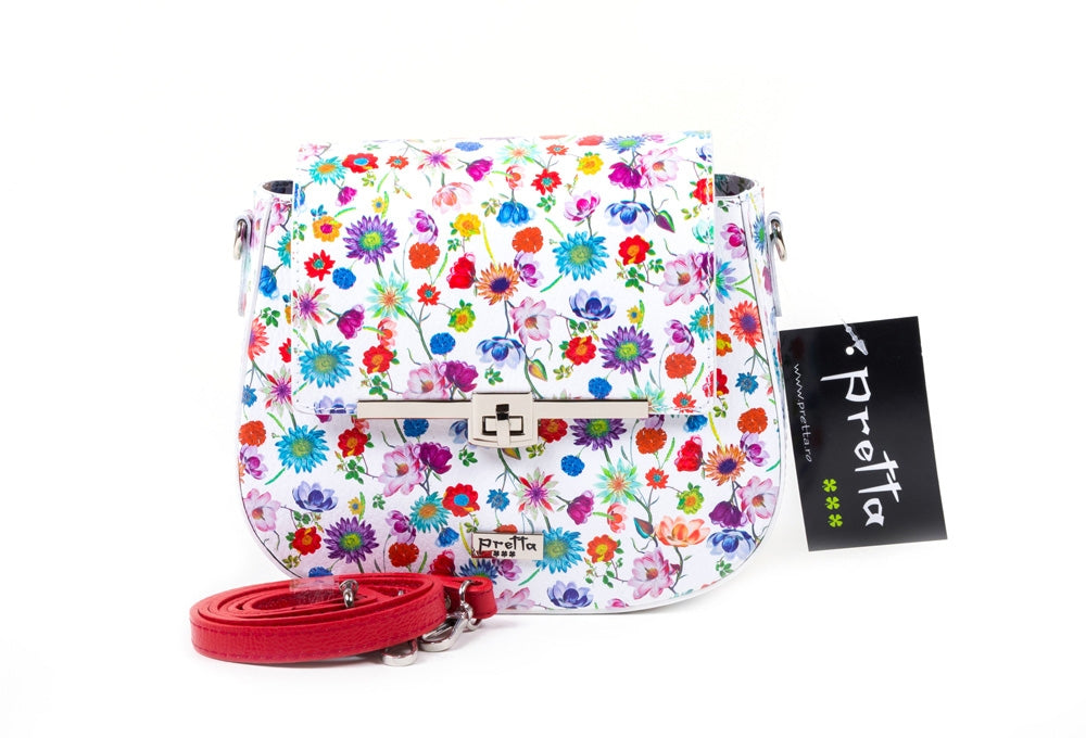 Geanta Piele, Tip Postas, Model Pretta 182-Rosu-Floral