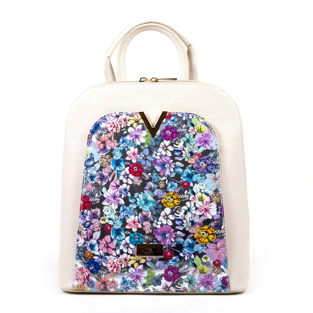 Rucsac Piele, Model Pretta- 8118 Crem-Floral