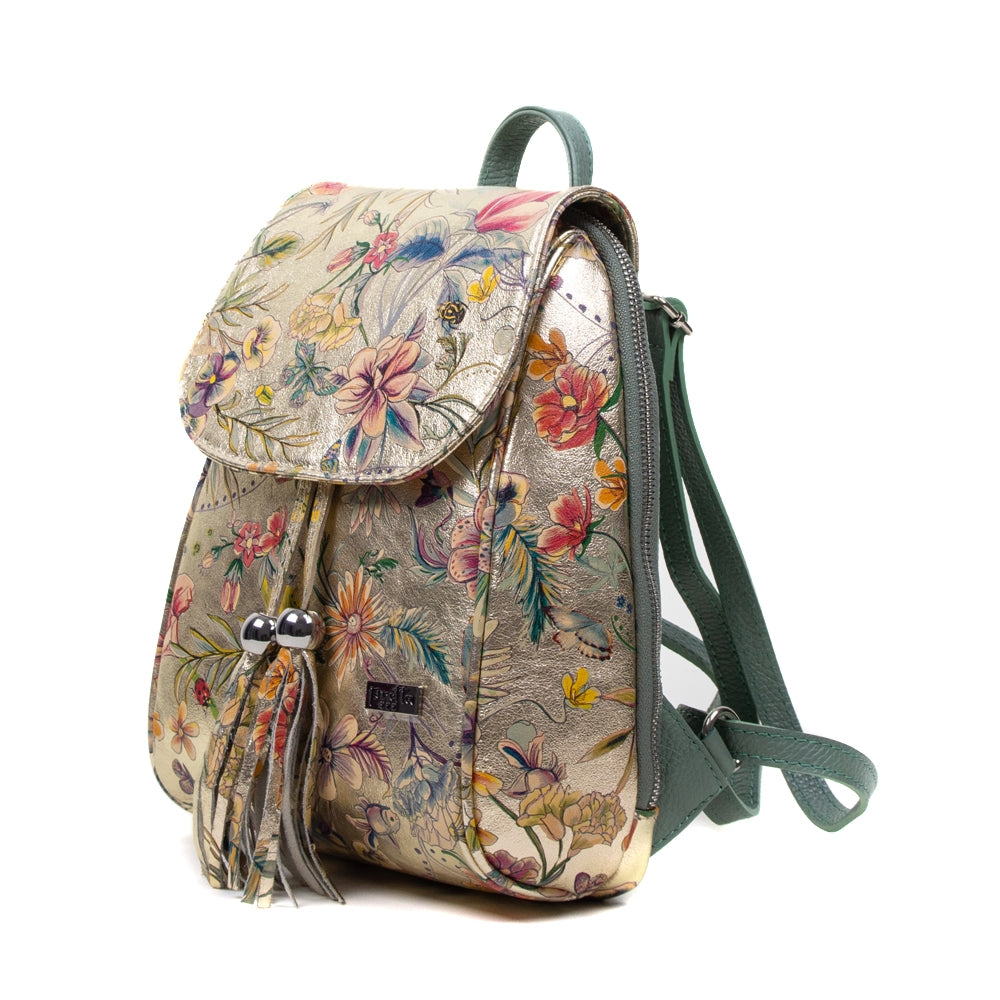 Rucsac Piele, Model Pretta 8108 Auriu Floral-Blue Vert