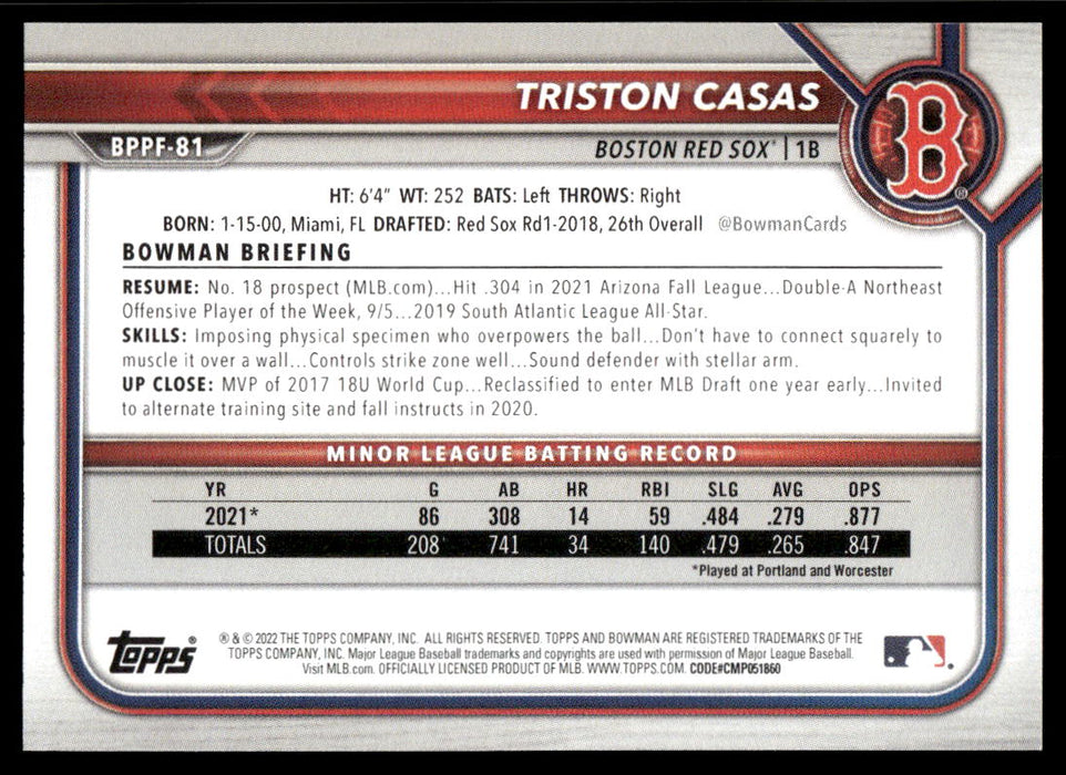 Triston Casas 2022 Bowman First Edition # BPPF-81 Base Boston Red