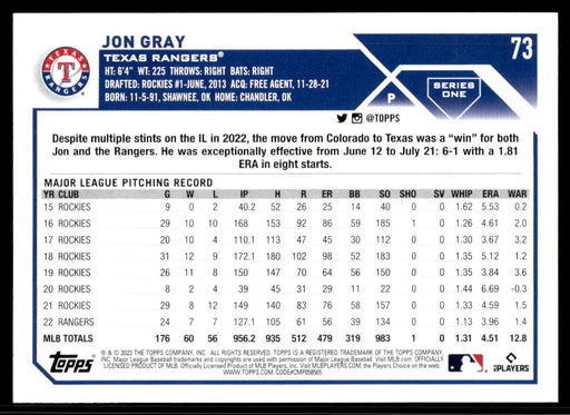  2023 Topps # 73 Jon Gray Texas Rangers (Baseball Card