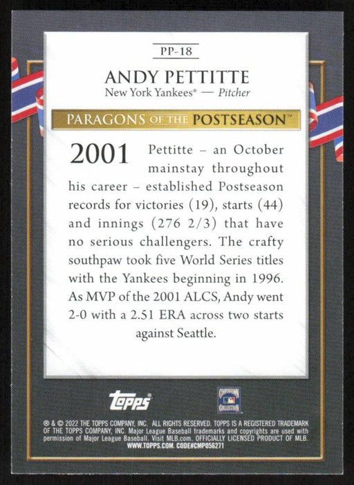 Andy Pettitte 2022 Topps Update Paragons of the Postseason # PP-18 New York  Yank